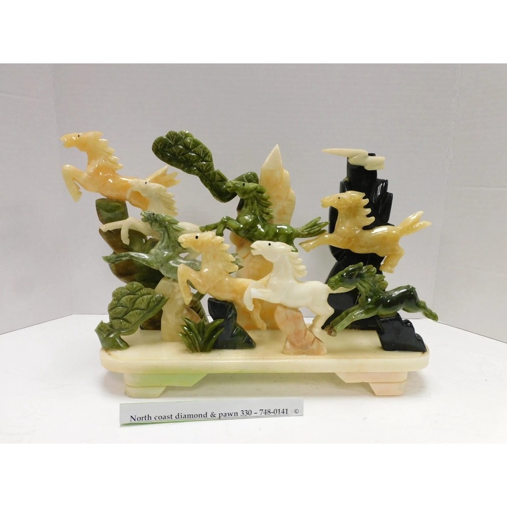 VTG Hand Carved Stone Galloping Horses Figurine Sculpture Multi Color Jade DW732